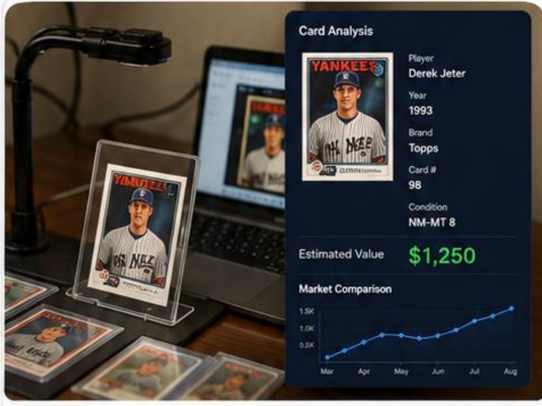 Baseball card under a capture camera with AI analysis showing player, year, brand, condition, and estimated value