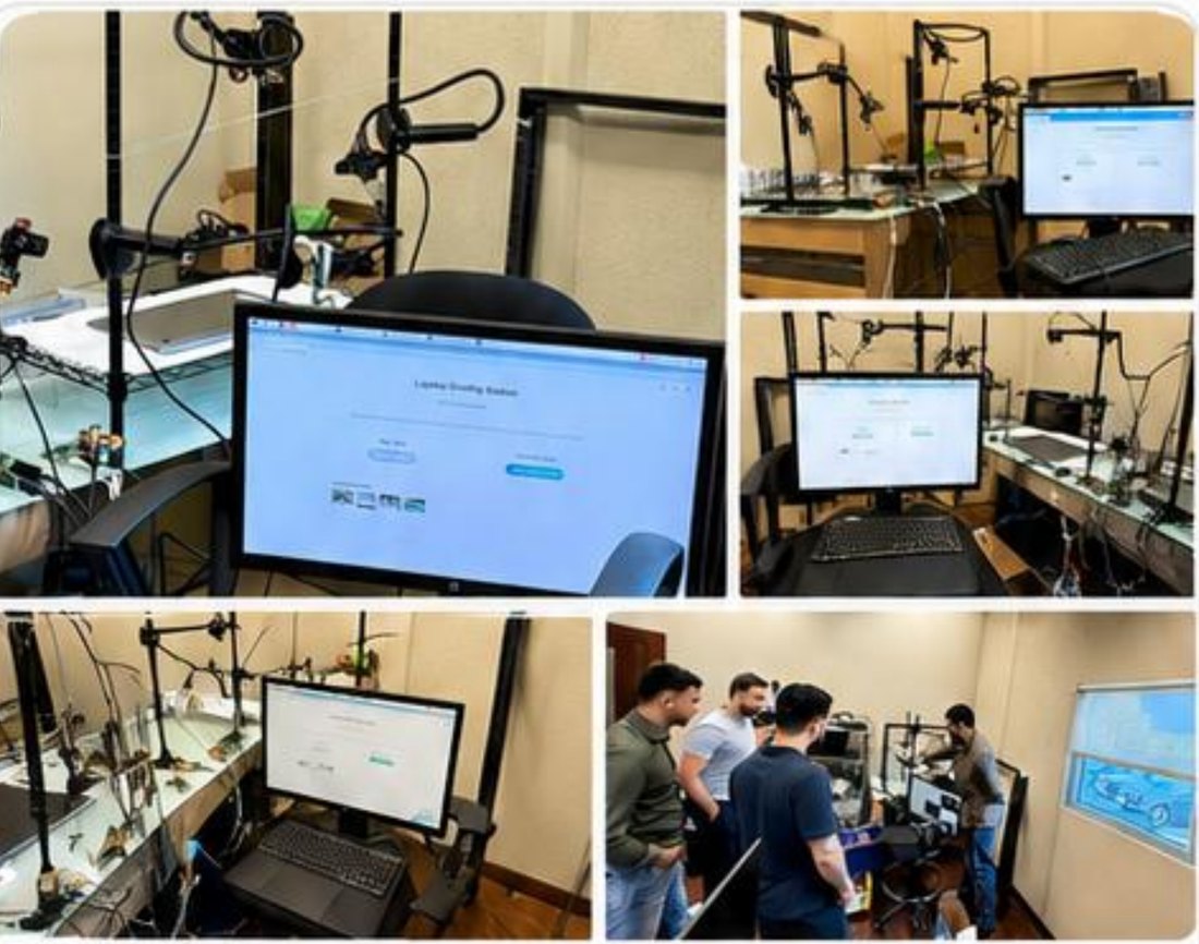 Multi-camera laptop grading station with capture rigs and grading software on screen