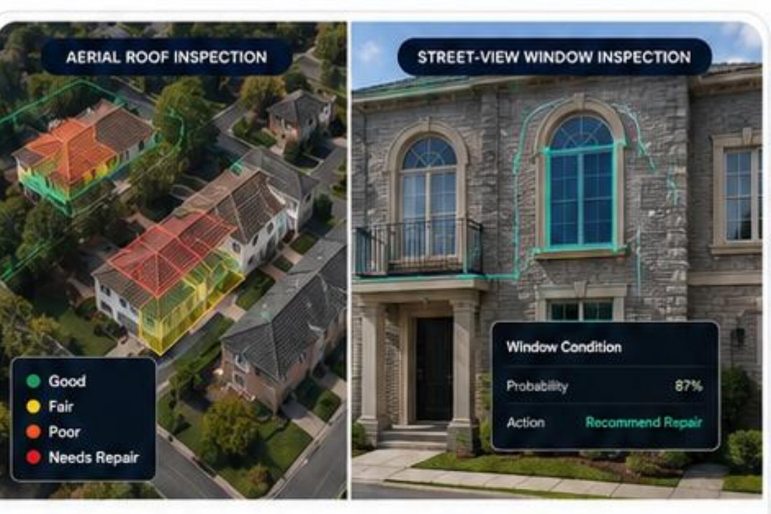 Aerial roof inspection with condition overlays and street-view window inspection with repair recommendation